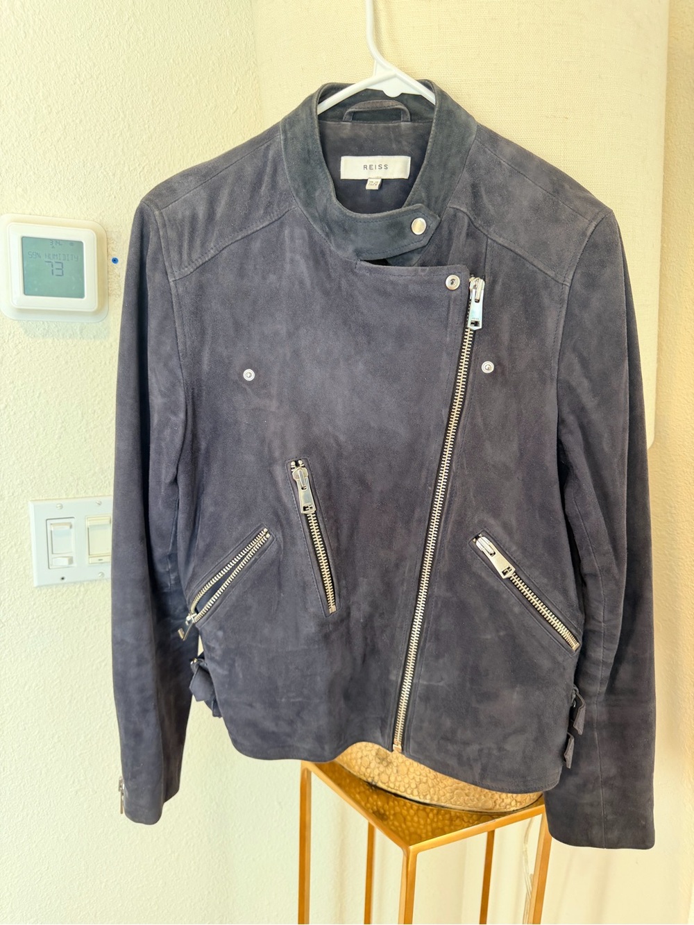 Reiss Women's Suede Asymmetrical Zip Biker Jacket in Blue
